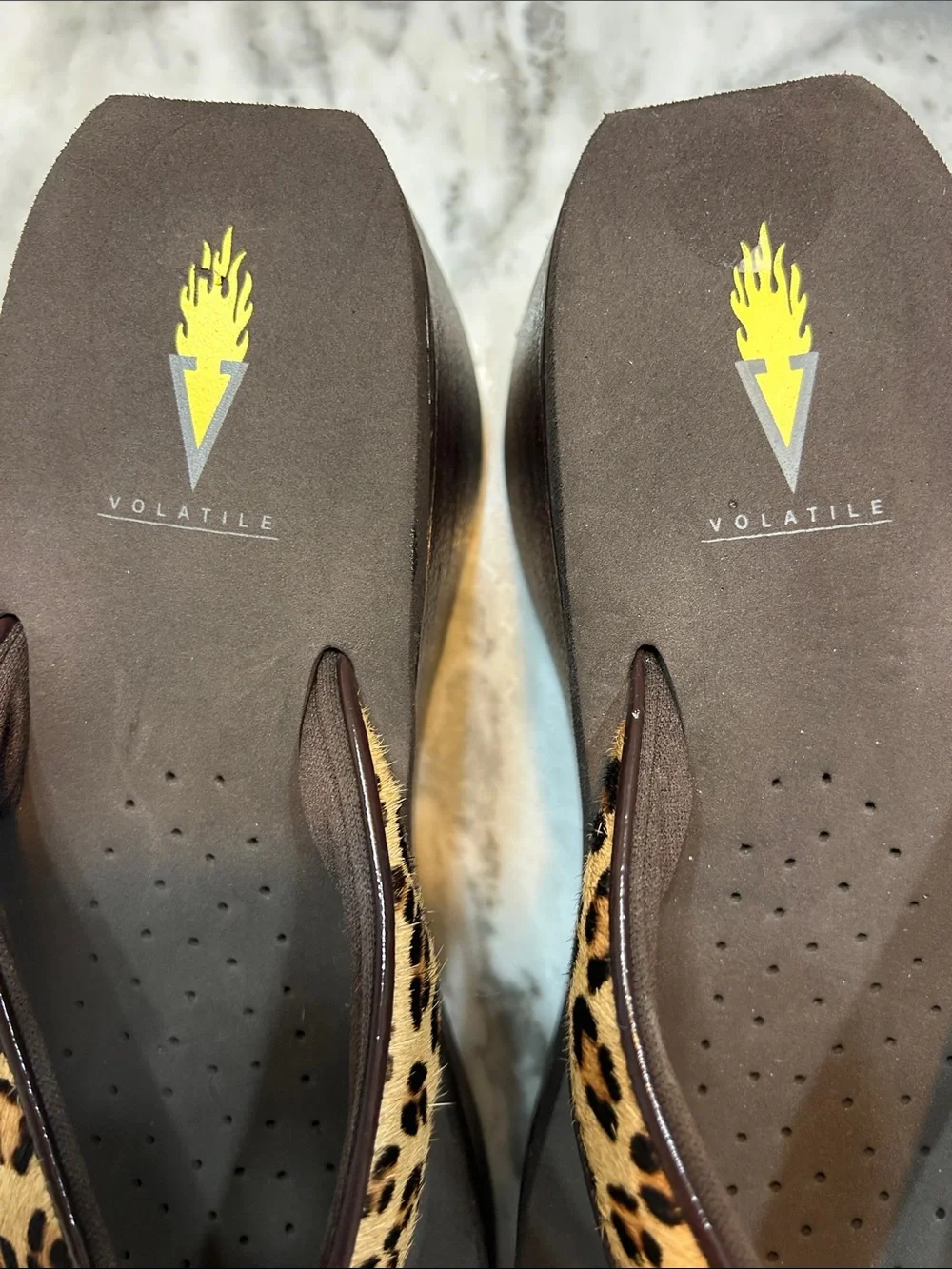 Volatile Leopard-Print Wedge Thong Sandals in Brown